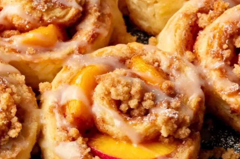 Delicious Peach Cobbler Cinnamon Rolls served on a plate with fresh peaches