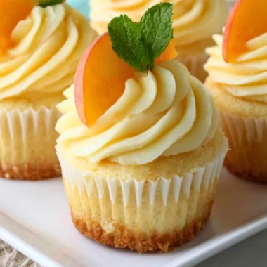 Peach and honey cheesecake cupcakes topped with creamy frosting and fresh peach slices.