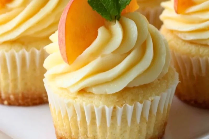 Peach and honey cheesecake cupcakes topped with creamy frosting and fresh peach slices.