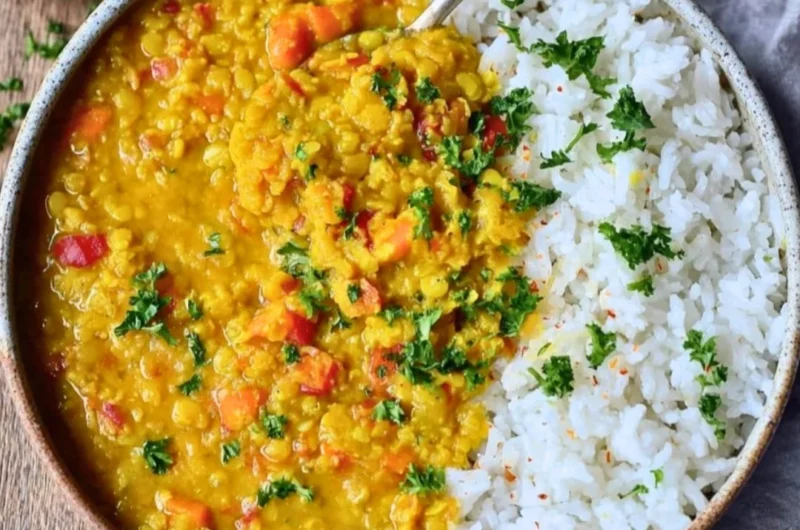 Bowl of vibrant Red Lentil Dahl topped with fresh herbs and spices