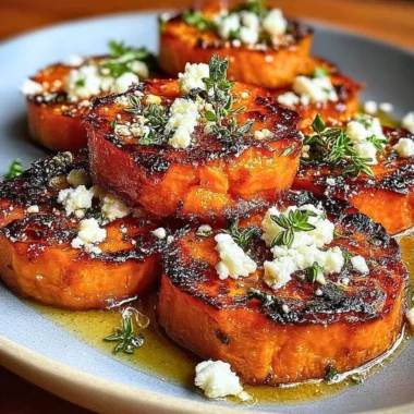 Roasted sweet potato rounds topped with honey and feta cheese