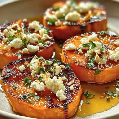 Roasted sweet potato rounds topped with honey and feta cheese.