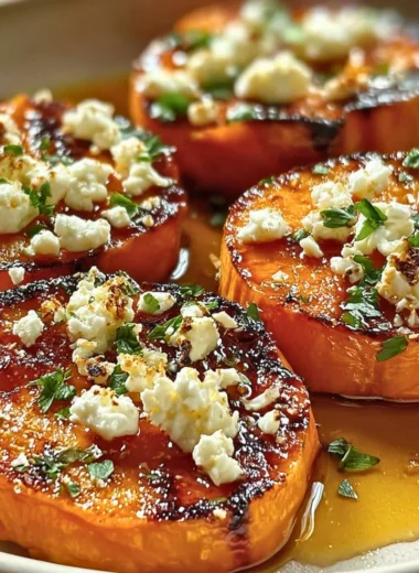 Roasted sweet potato rounds topped with honey and feta cheese.