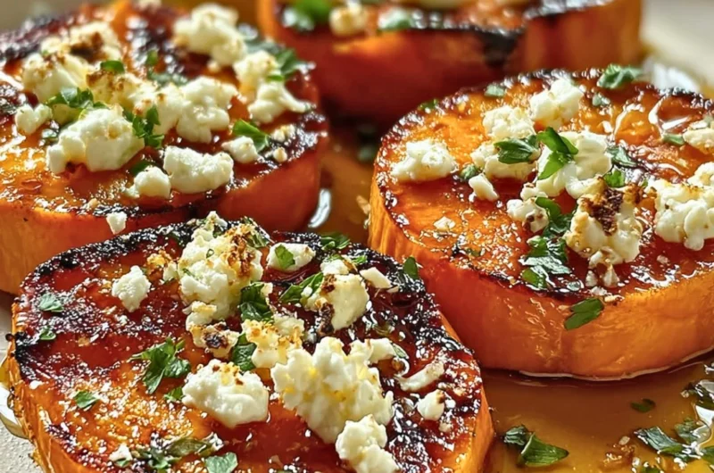 Roasted sweet potato rounds topped with honey and feta cheese.