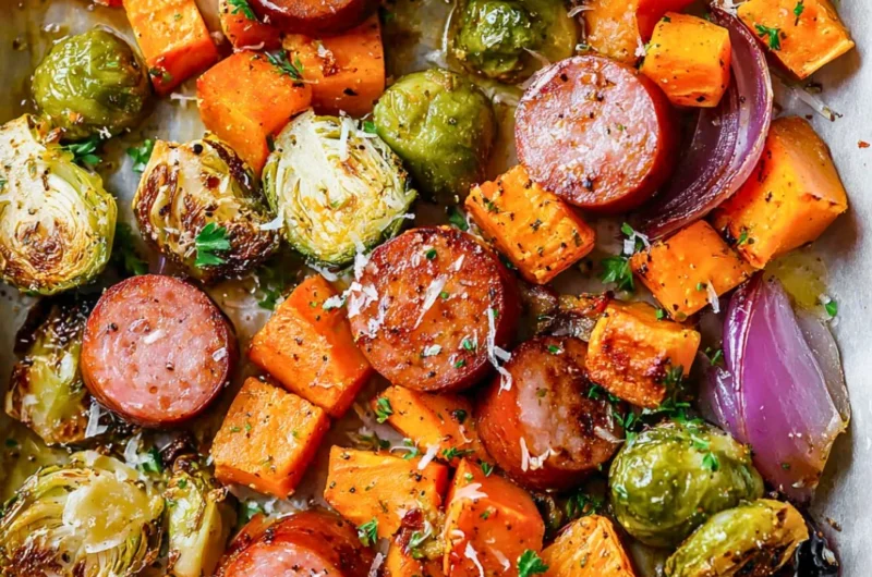 Sheet-pan sausage with fall vegetables ready to serve on a plate.