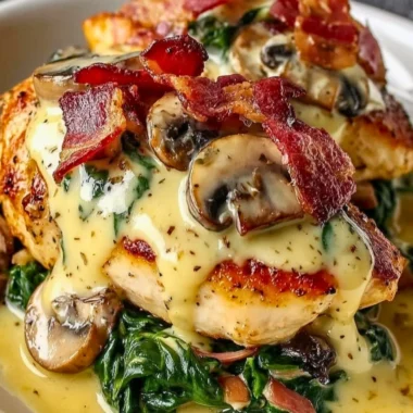 Delicious smothered chicken with creamed spinach, bacon, and mushrooms