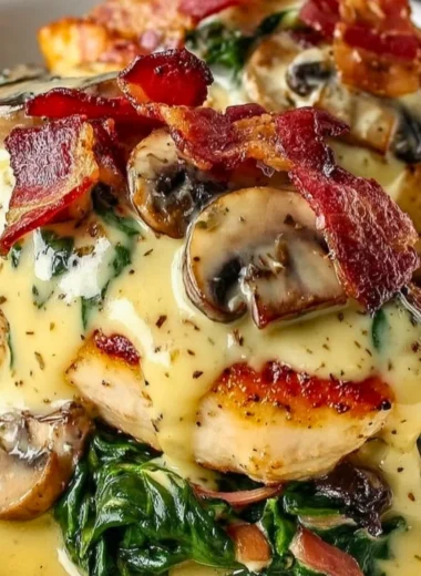 Delicious smothered chicken with creamed spinach, bacon, and mushrooms
