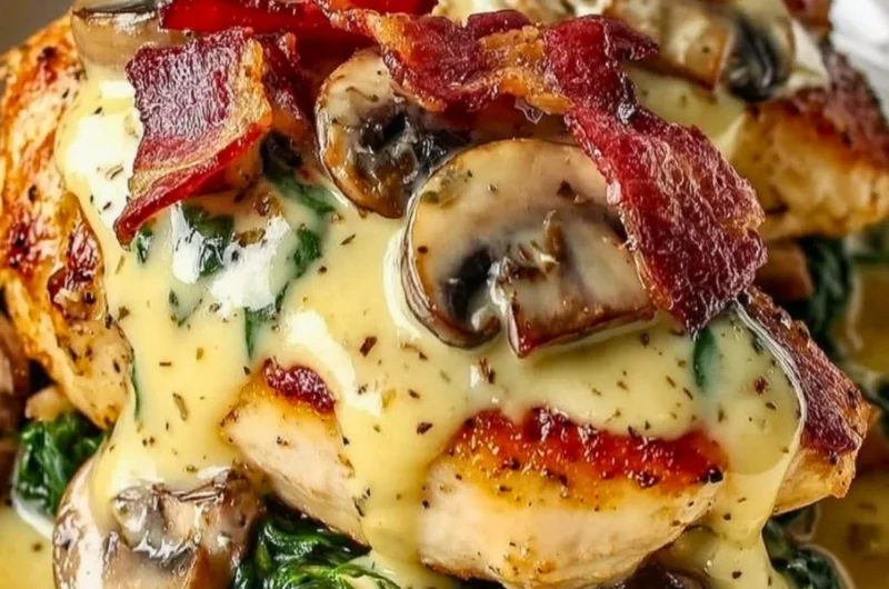 Delicious smothered chicken with creamed spinach, bacon, and mushrooms