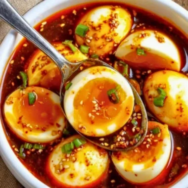 Spicy Gochujang Eggs served on a plate with fresh herbs and chili flakes