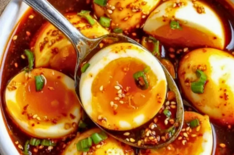 Spicy Gochujang Eggs served on a plate with fresh herbs and chili flakes