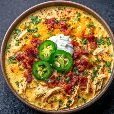 Bowl of spicy jalapeno popper chicken soup topped with jalapenos and cheese