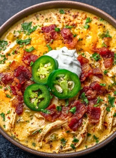 Bowl of spicy jalapeno popper chicken soup topped with jalapenos and cheese