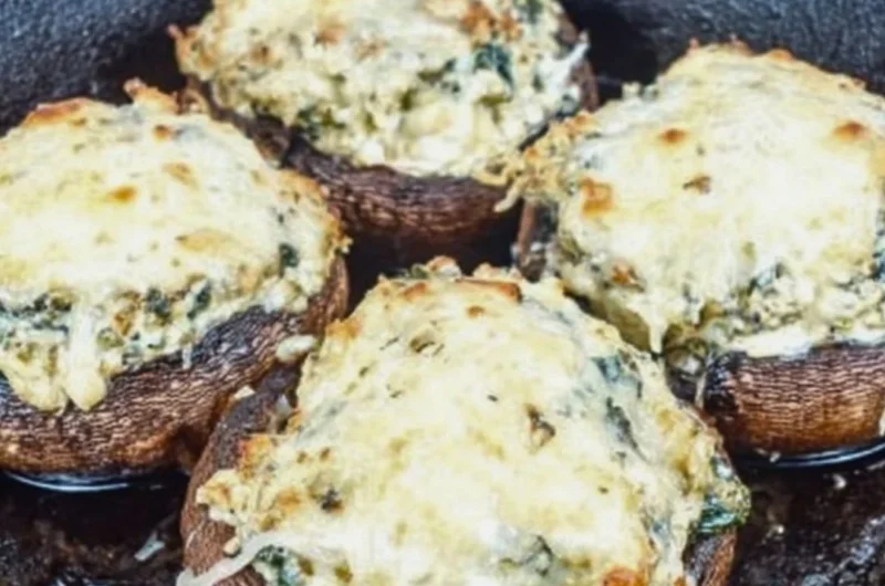 Spinach and ricotta stuffed portobello mushrooms arranged on a plate