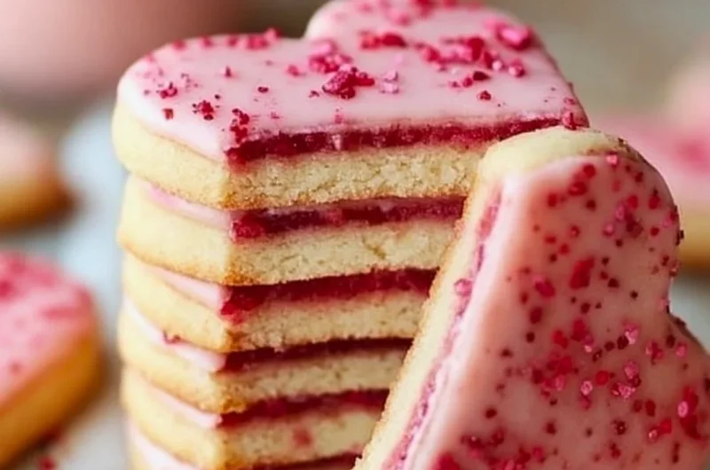 Freshly baked strawberry shortbread cookies on a cooling rack