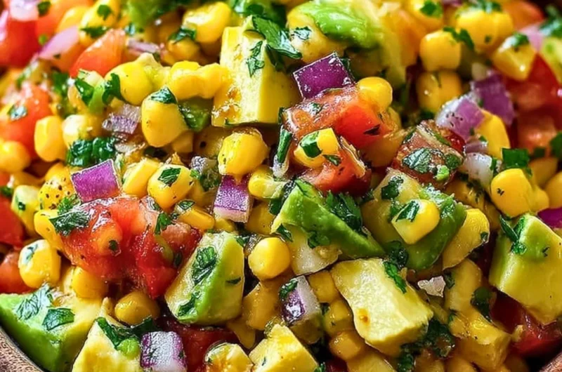 Colorful summer corn salad with vegetables and herbs