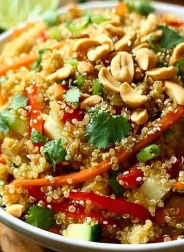Thai Quinoa Crunch Salad full of colorful veggies and quinoa in a bowl
