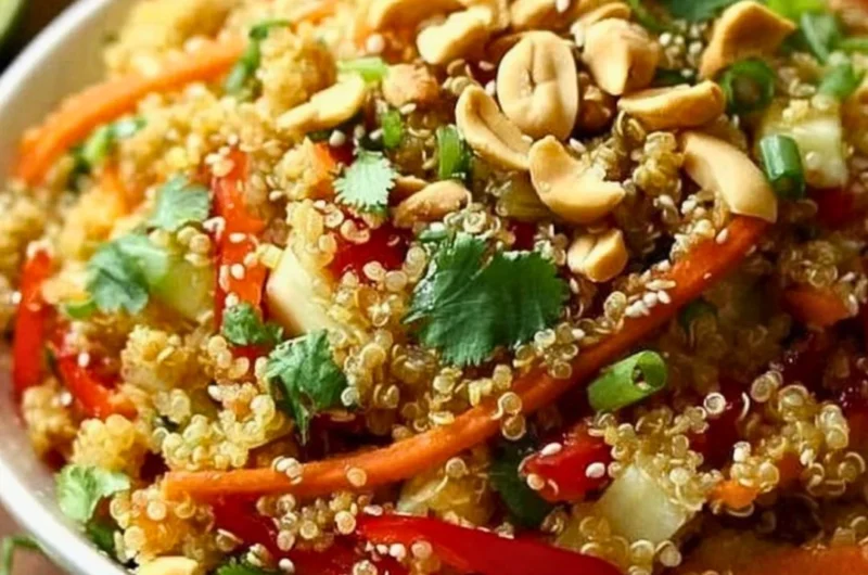 Thai Quinoa Crunch Salad full of colorful veggies and quinoa in a bowl