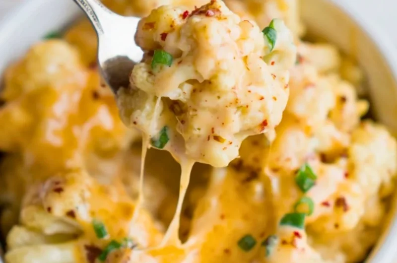 Delicious creamy cauliflower mac and cheese served in a bowl