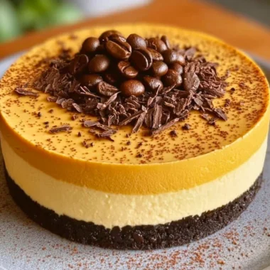 Ultimate Coffee Lover's Cheesecake topped with coffee beans and chocolate shavings