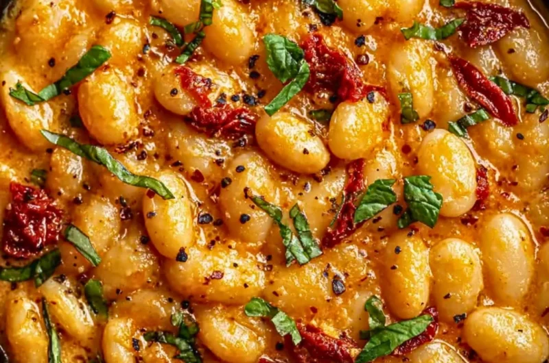 Bowl of Tuscan Marry Me Butter Beans with herbs and spices