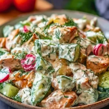 Delicious Tzatziki Chicken Salad served on a plate with fresh vegetables.