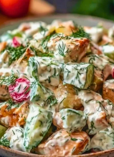 Delicious Tzatziki Chicken Salad served on a plate with fresh vegetables.