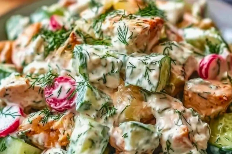 Delicious Tzatziki Chicken Salad served on a plate with fresh vegetables.