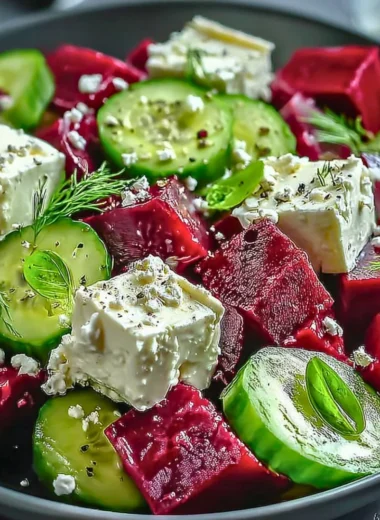 A colorful beet salad featuring feta cheese and cucumbers on a plate.