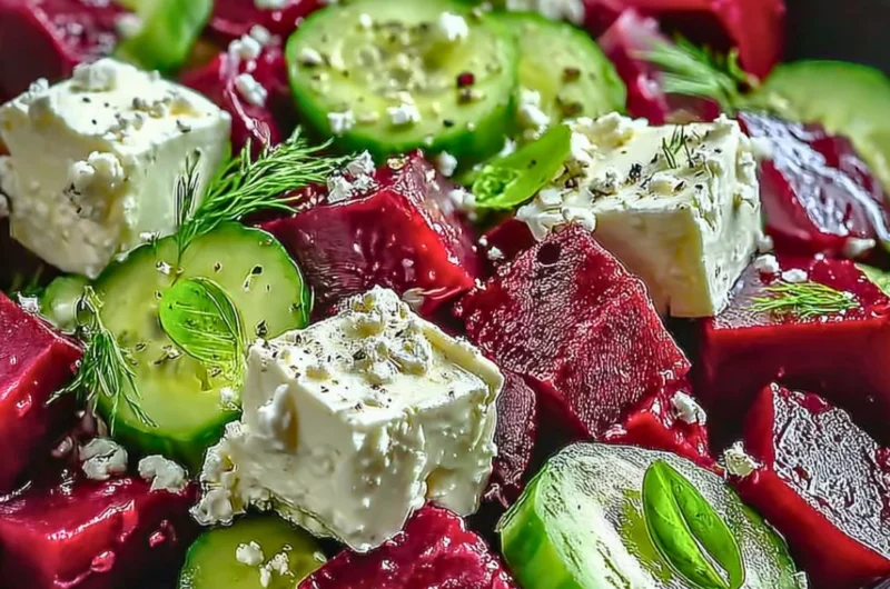 A colorful beet salad featuring feta cheese and cucumbers on a plate.