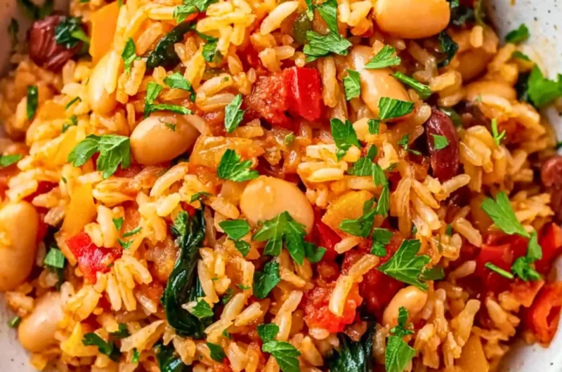 Delicious Mediterranean Rice and Beans served in a bowl with fresh herbs.