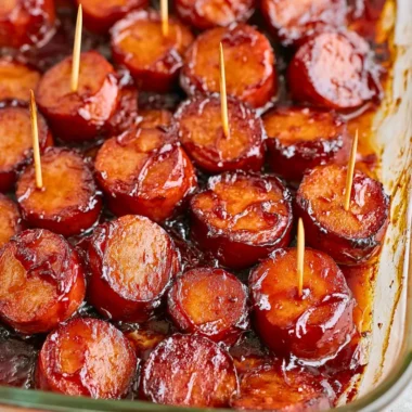 Grilled BBQ sausage on a platter, garnished with herbs and spices.