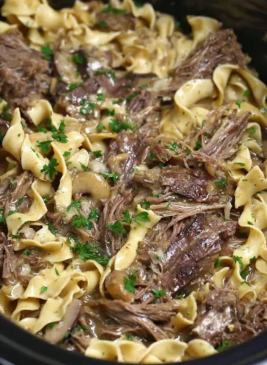 Crock pot beef and noodles dish served in a bowl for a family dinner