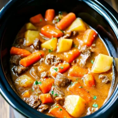 Delicious homemade beef stew with tender meat and fresh vegetables.