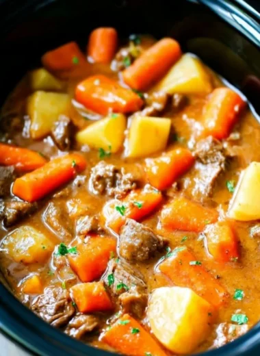 Delicious homemade beef stew with tender meat and fresh vegetables.