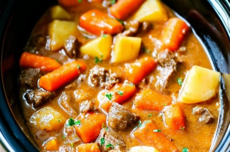 Delicious homemade beef stew with tender meat and fresh vegetables.