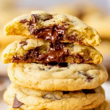 A plate of freshly baked homemade chocolate chip cookies on a rustic table.