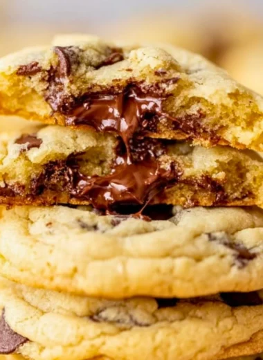A plate of freshly baked homemade chocolate chip cookies on a rustic table.