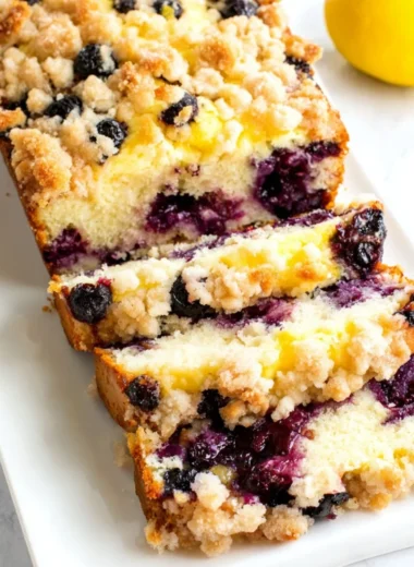 Sliced Blueberry Lemon Loaf on a wooden board with fresh blueberries and lemon slices.
