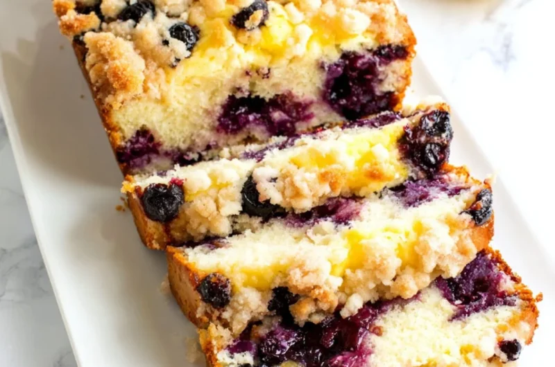 Sliced Blueberry Lemon Loaf on a wooden board with fresh blueberries and lemon slices.