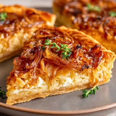 Caramelized onion and goat cheese tarts on a wooden platter