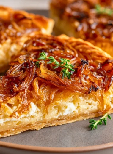 Caramelized onion and goat cheese tarts on a wooden platter