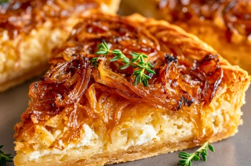 Caramelized onion and goat cheese tarts on a wooden platter