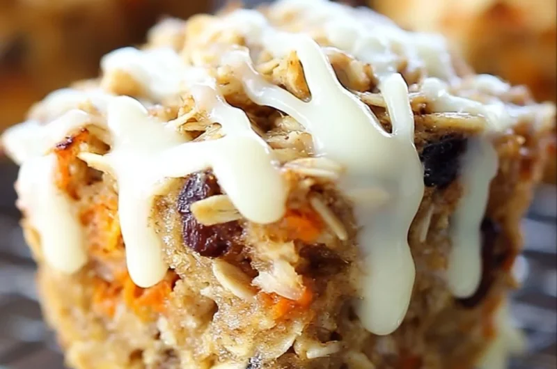 Carrot cake baked oatmeal cups in a muffin tin, topped with nuts and spices.