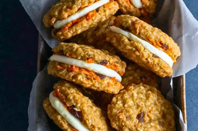 An assortment of carrot cake cookies with frosting on top, showcasing the delicious treat.