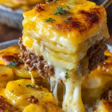Cheesy hamburger potato casserole served in a dish with melted cheese on top.