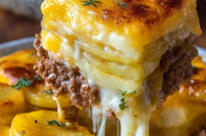 Cheesy hamburger potato casserole served in a dish with melted cheese on top.