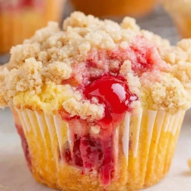 Freshly baked cherry cobbler muffins with a golden brown topping