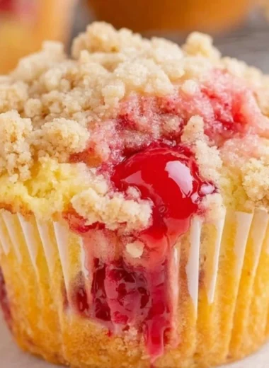 Freshly baked cherry cobbler muffins with a golden brown topping