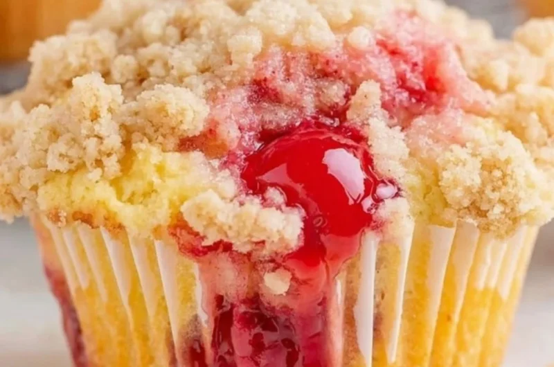 Freshly baked cherry cobbler muffins with a golden brown topping