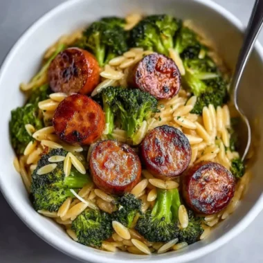 Chicken Sausage and Broccoli Orzo dish garnished and ready to serve